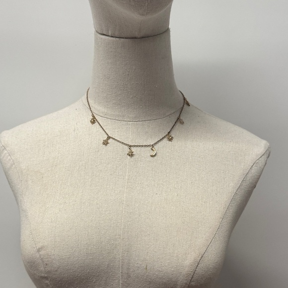 Gold-tone Star and Moon Necklace 21” length with 8” hanging back chain - Picture 1 of 8